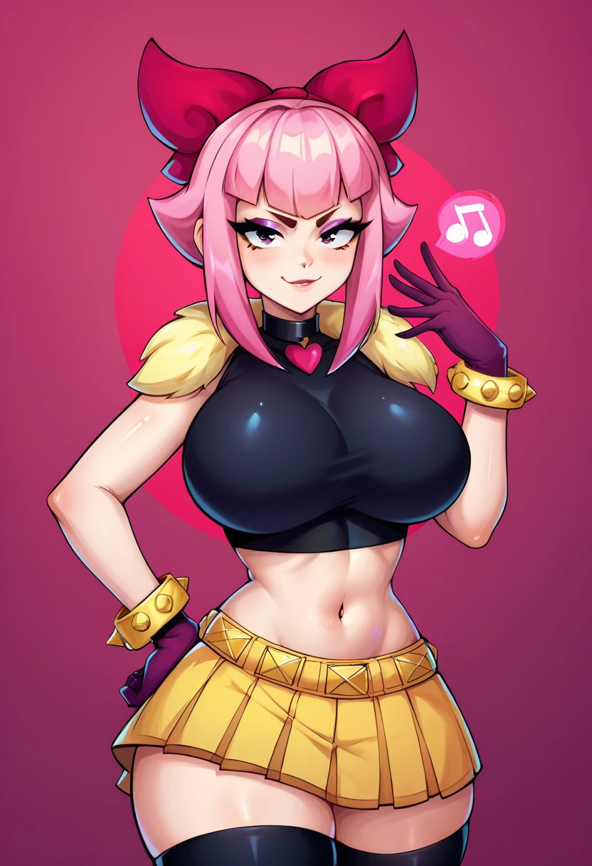 melodie, pink hair, hair bow, black crop top, yellow skirt, midriff, black thighighs, fur stole, bracelet, gloves, 1 woman, pink circle halftone background, red to pink gradient background, detailed face, walking forward, leg forward, looking at viewer, pointed towards viewer, front view, hand on hip, smug expression, closed mouth, one character, single, high quality, soft thighs, (huge breasts:1.0), belly button, sexy body
