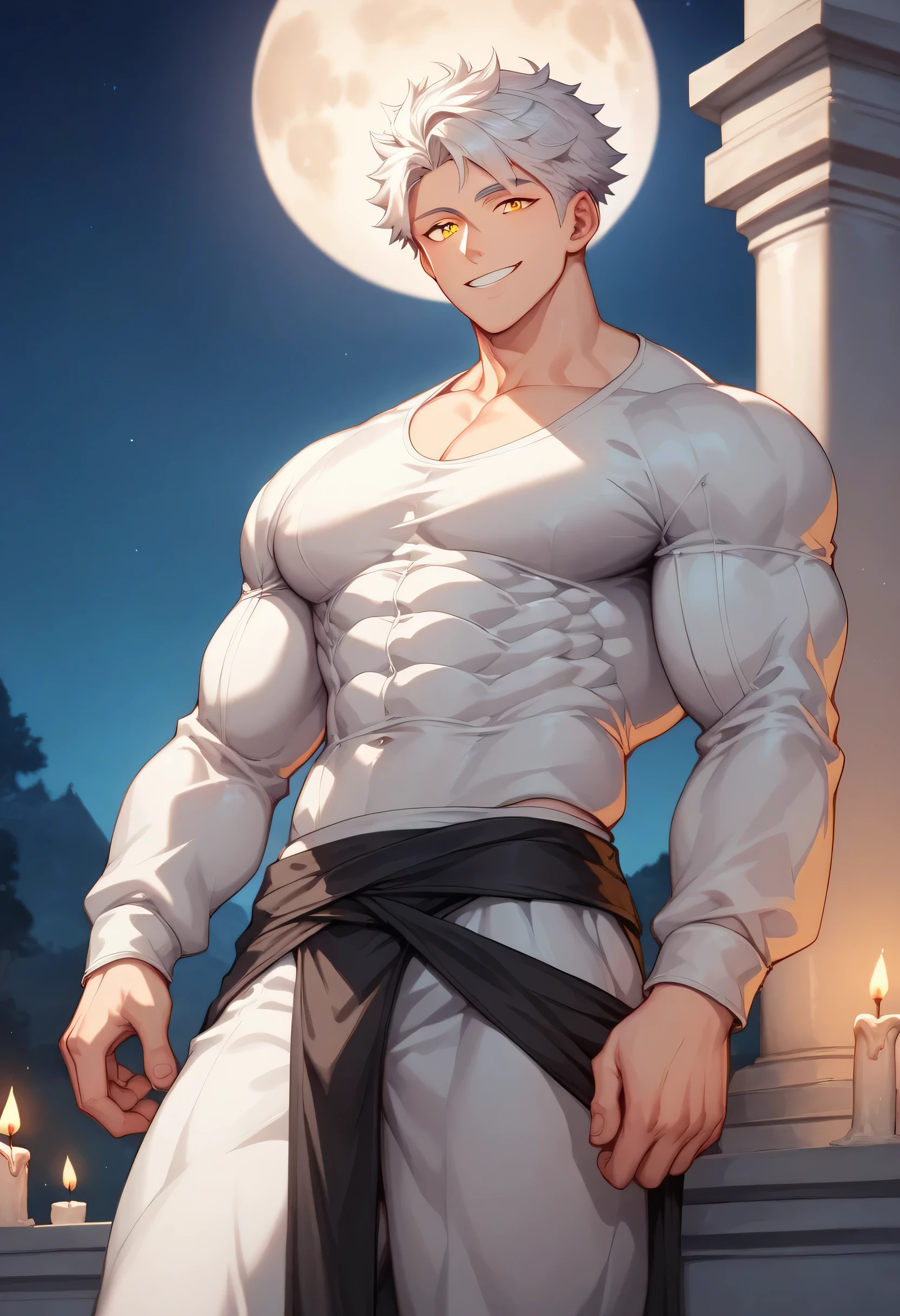 score_9, score_8_up, score_7_up, score_6_up, 1boy, solo, straight hair, short hair, White-silver hair, goldeng eyes, muscular, gigachad, ornament white shirt long sleeves with loose sleeves, loose black cloth pants, greek temple, standing, looking at viewer, smile, lit candles, night, full moon.
