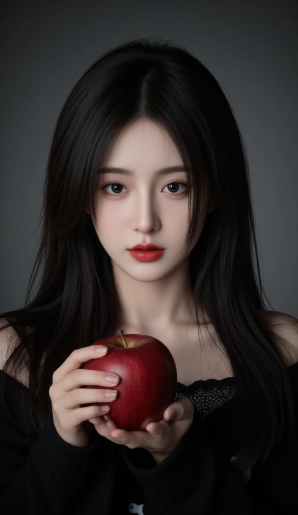 ((RAW Photo), absurd, (absurdresolution)), masterpiece, best quality, (Extremely detailed 8k unity CG wallpaper), (best illustration), (best shadow), Realistic lighting, beautiful detailed glow, ((21 years old)), girl, long black hair, black queen, accessories, apple in hand, poisoned apples, witch queen, red lipstick, (((Photographic Perspective of her)))