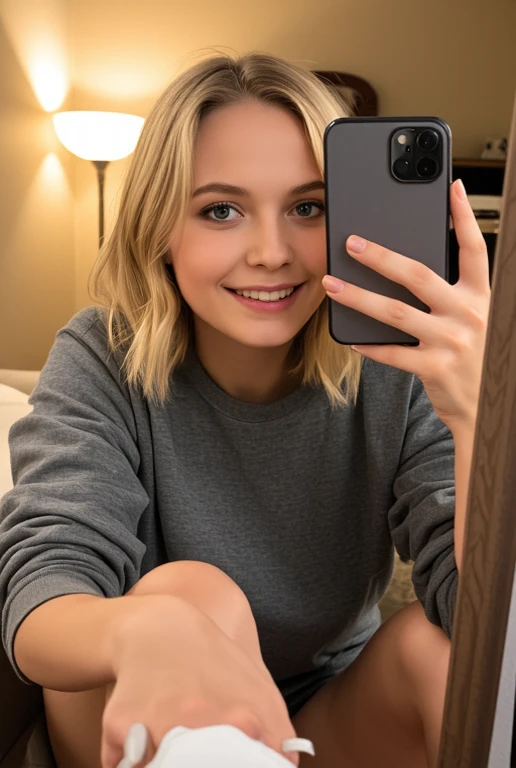 
"A young woman with fair skin and light freckles, sitting casually in front of a mirror. She has medium-length wavy blond hair styled loosely, framing her soft oval-shaped face. Her eyes are a striking hazel color, slightly almond-shaped, with delicate eyelashes. Her expression is cheerful and playful, with a warm smile showing a hint of her teeth. She is wearing a cozy gray sweatshirt, holding a smartphone in her hand as she takes a selfie. Her legs are extended forward, with one foot in focus wearing a white sneaker, slightly angled towards the camera. The background is softly lit, with warm indoor lighting casting subtle shadows, creating a cozy and inviting atmosphere. The mirror reflects her surroundings faintly, hinting at a relaxed and modern interior design."  

