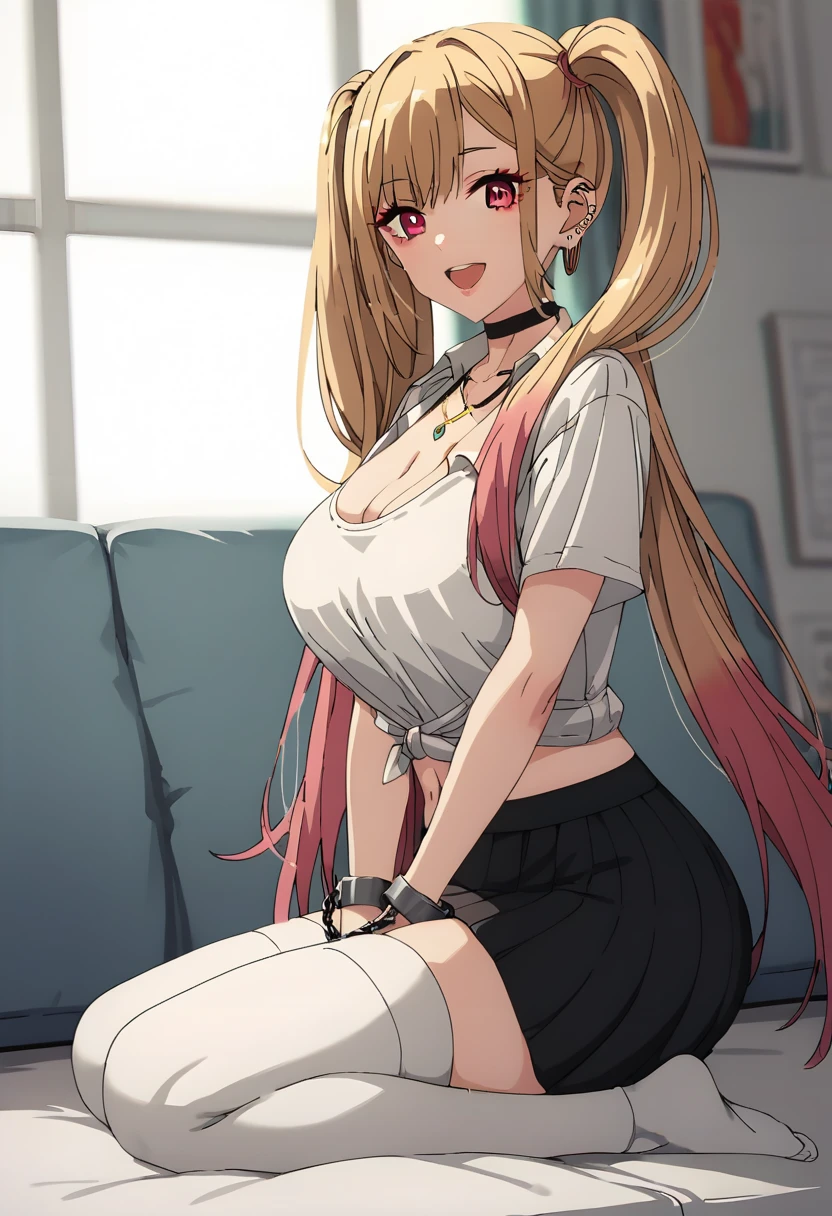 (score_9_up, score_8_up, score_7_up), (masterpiece, best quality, ultra detailed, intricate details, source anime, high resolution, smooth lines), kitagawa marin, 1girl, solo, long hair, breasts, looking at viewer, smile, open mouth, bangs, blonde hair, large breasts, red eyes, navel, cleavage, jewelry, medium breasts, multicolored hair, earrings, choker, necklace, black choker, piercing, (White Baggy t shirt, black skirt, twintails, White thigh highs:1.3), View from the side, sitting in a erotic Red bedroom, large breasts, w-w-chain, Hands before the body, Metal wrists cuffs, Metal cuffs, Metal collar