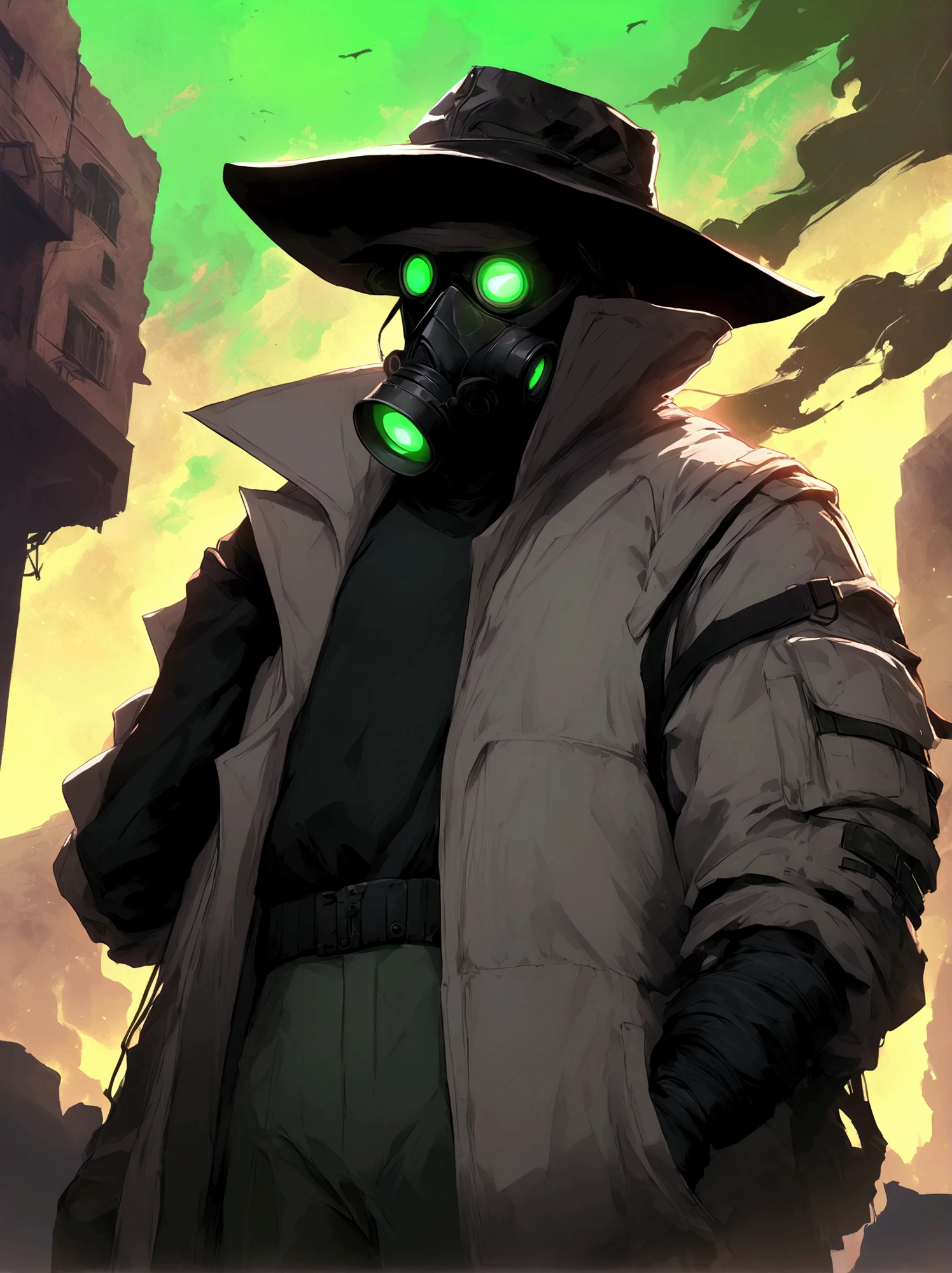 semi realism, <pseudo-realistic style illustration, sci-fi soldier, cyberpunk, black helmet, green lenses gas-mask, grey coat, black shirt, and baggy cargo pants, hidden face, gas-mask, dynamic pose, posing in a post apocalyptic background, gacha art, gacha splash, Character design, Gacha Splash style. Wide brim hat, widebrim hat, vampire hunter hat.