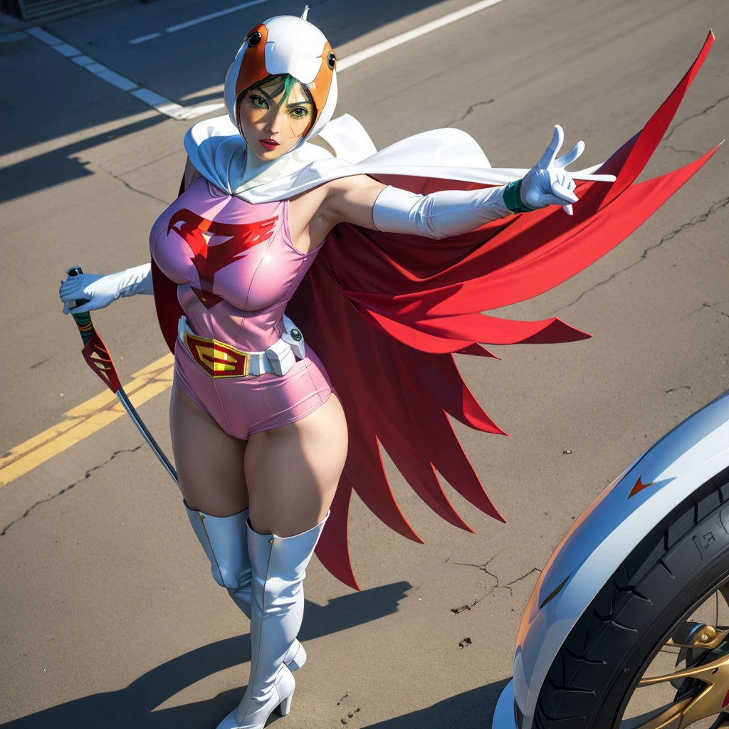 ANI_CLASSIC_jun_gatchaman_ownwaifu,1girl, yo,good anatomy, masterpiece, best quality,realistic, hyperrealistic, 16k hdr, long hair,breasts,green eyes,lips,large breasts,lipstick,makeup,gloves,cape,helmet,belt,elbow gloves,white gloves,mask,ultra miniskirt,leotard,spacesuit,white tight overknee highheels boots,pink dress,superhero,bodysuit,cleavage,erected nipples,(sexy pose,view from above),(spread legs:1.1),cameltoe