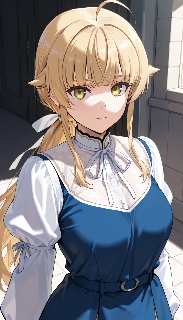 (aged up), medium breasts, ((adult)), mature look, norn_greyrat,bangs, blonde hair,long hair,yellow green eyes,ahoge,sidelocks,blunt bangs hair flaps,low ponytail,blue dress, white ribbon, white sleeves, long sleeves, white shirt, black shirt, Score_9, Score_8_up, Score_7_up, Score_6_up, Score_5_up, Score_4_up, BREAK,1girl in full growth, best quality, masterpiece, ultra-detailed, high quality,good quality,1 girl,(master piece,high resolution, ultra detailed,8K,16K),look at viewer