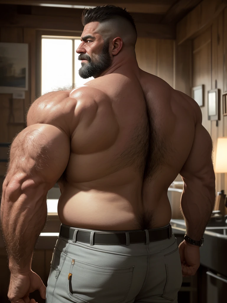 Zangief Fisiculturista, homem gigante, A photo shoot style full length portrait of a very muscular very muscular big man in a white room, fundo branco, wears vibrant, metallic gold and tight thong with dinosaur designs ,with a large volume upwards and to the left, very plump and protruding with enormous volume, entre as pernas super volumosa, super musculosas. Huge muscles with huge muscles bigger than the incredible hulk, with harmonious, highly defined and impressive muscles causing fear in other strictly defined bodybuilders with expressions of fear