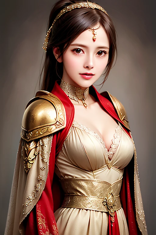 ((The upper body of a female warrior wearing gold and red armor and cloak:1.3)), 1 person,20th generation, black hair, Ponytail,(( showing cleavage :1.1)),Symmetrical normal eyes   ,((No accessory on the forehead)), High Definition Face and Skin Textures , smile , staring at the camera,   Chinese Warrior ,  perfect beauty: 1.4, fine grain, double eyelids,  whitening, top quality, Super high resolution , simple background,((  slim waist :1.4)),  hair ornament:1.3,