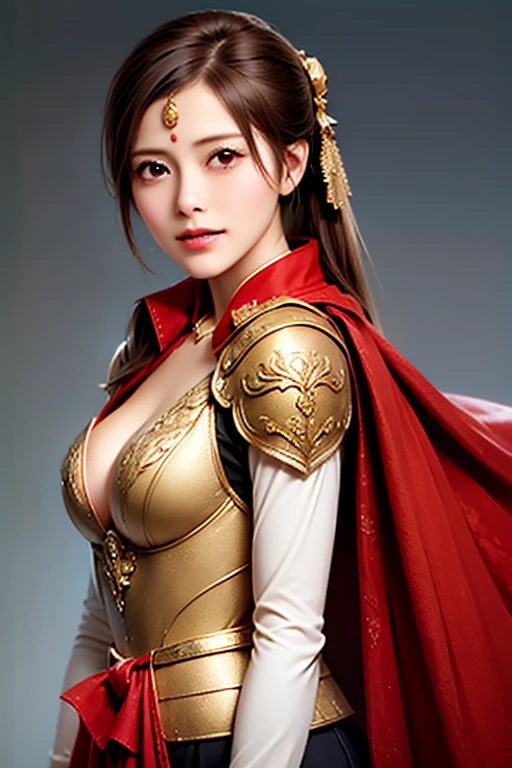 ((The upper body of a female warrior wearing gold and red armor and cloak:1.3)), 1 person,20th generation, black hair, Ponytail,(( showing cleavage :1.1)),Symmetrical normal eyes   ,((No accessory on the forehead)), High Definition Face and Skin Textures , smile , staring at the camera,   Chinese Warrior ,  perfect beauty: 1.4, fine grain, double eyelids,  whitening, top quality, Super high resolution , simple background,((  slim waist :1.4)),  hair ornament:1.3,