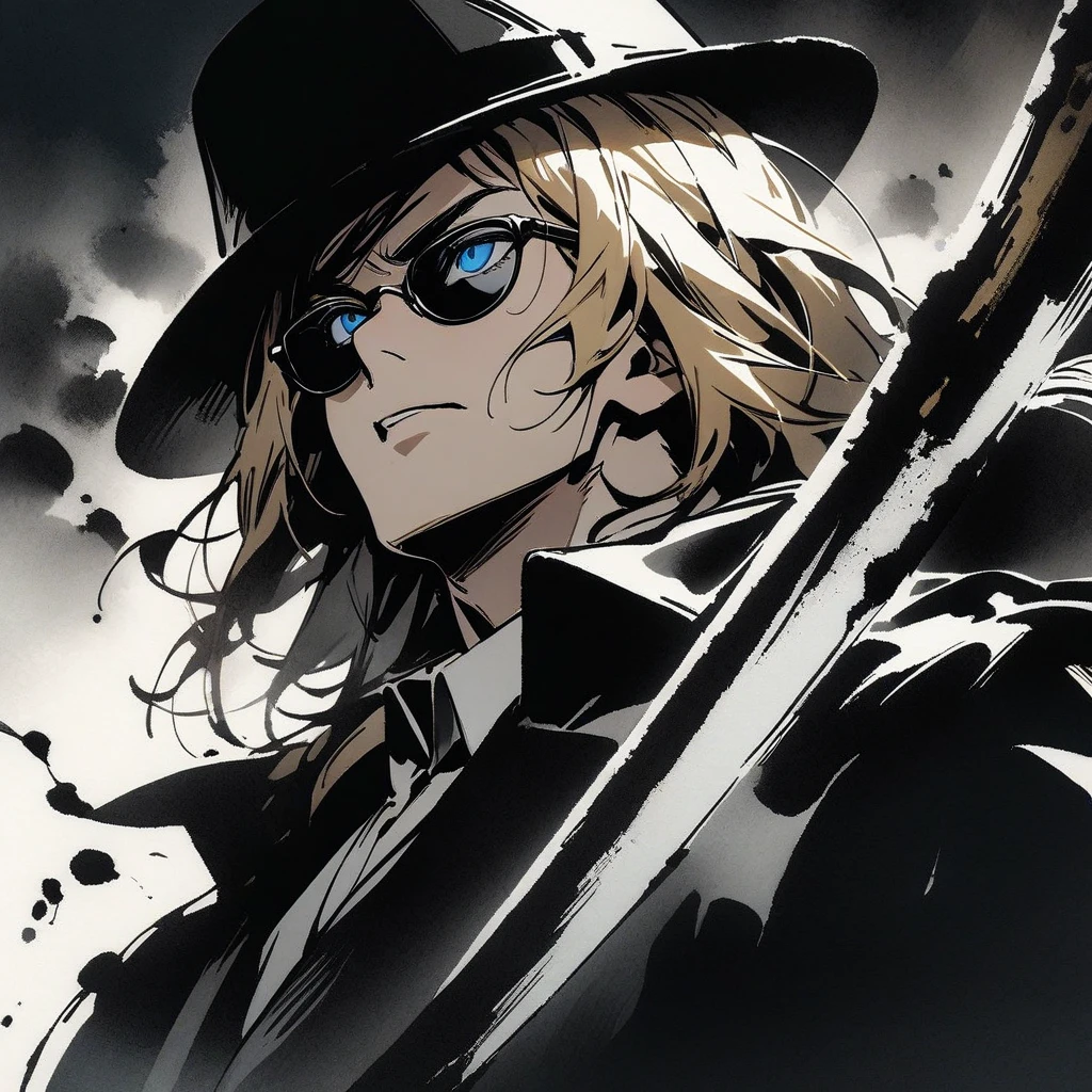 Top quality, masterpiece, high resolution, 8k,Ink painting, black and white,Strong Man Style,Strong Old Man ,mafia-style man, gold hair, blue eyes, black ten-gallon hat,  long black sunglasses,black coat, tobacco, looks up at the sky, holding a Japanese sword,close-up