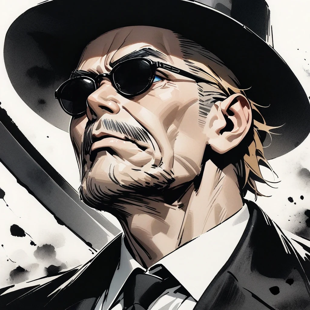 Top quality, masterpiece, high resolution, 8k,Ink painting, black and white,Strong Man Style,Strong Old Man ,mafia-style man, gold hair, blue eyes, black ten-gallon hat,  long black sunglasses,black coat, tobacco, looks up at the sky, holding a Japanese sword,close-up