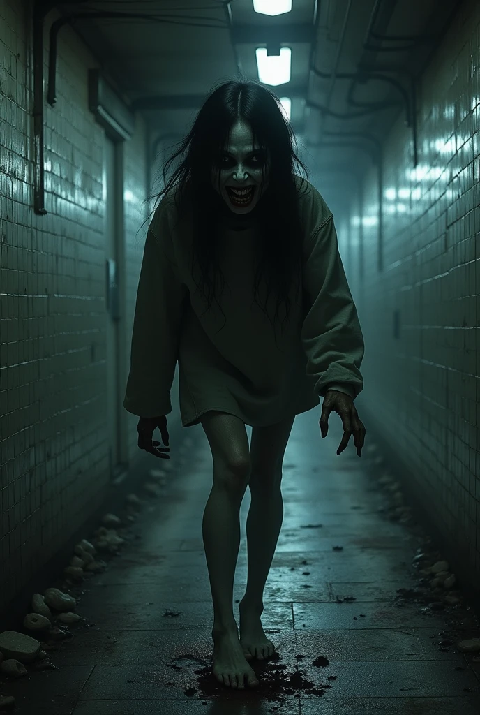 horror art, dread, Best quality, masterpiece, ultra high res, (photorealistic:1.4), Action shot of terrifying ghost chasing after the viewer, dynamic running, in a decrepit underground tunnel in Hell, creepy, white dress, unnerving, unsettling, terrifying, 80mm, horror lighting, dynamic action
