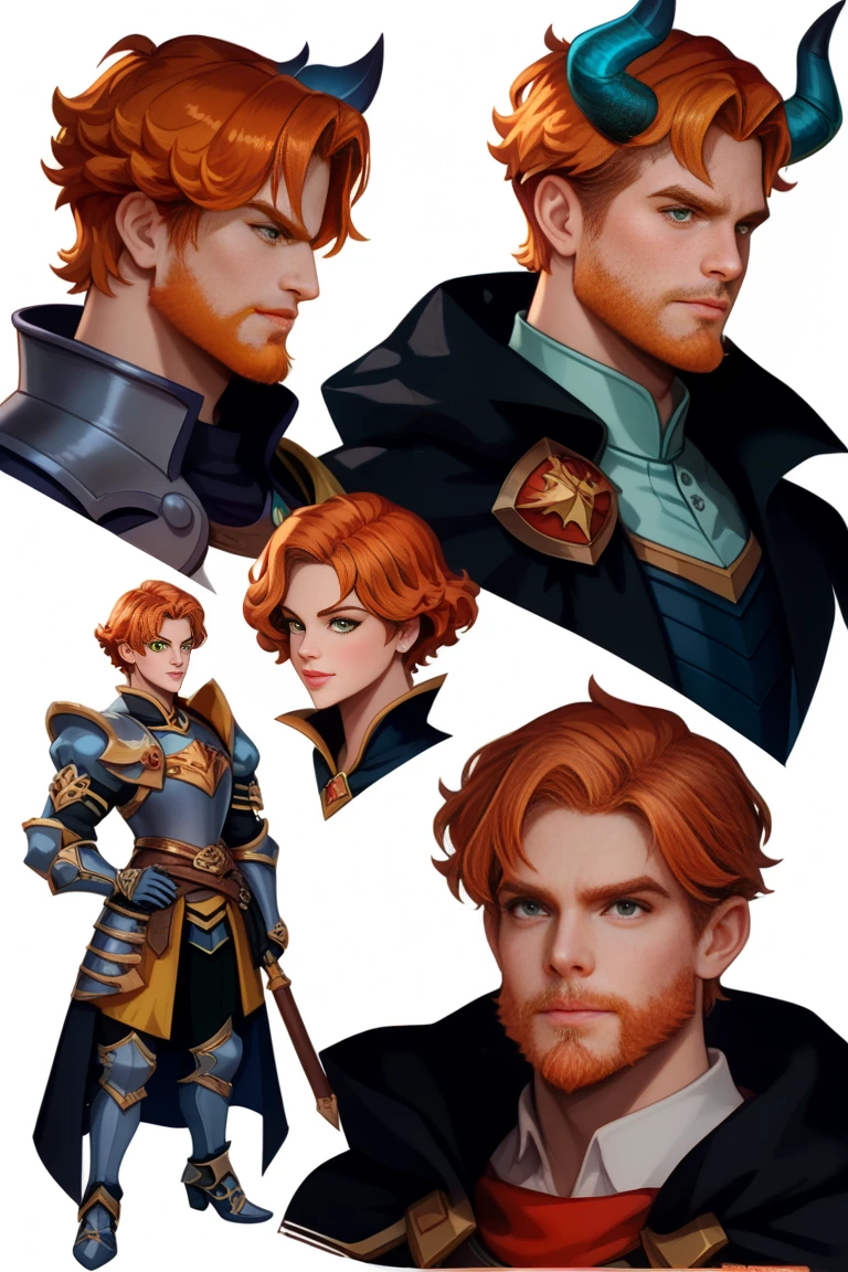 1male, short hair, ginger hair, full beard, green eyes,
Accurate, Anatomically Correct, Best Quality, Detail, Multiple Views, Simple background, hair and beard made of fire,  black cloak, paladin armor, plate armor,
Glowing runes on armor, classic black devil horns,
(Show full body),