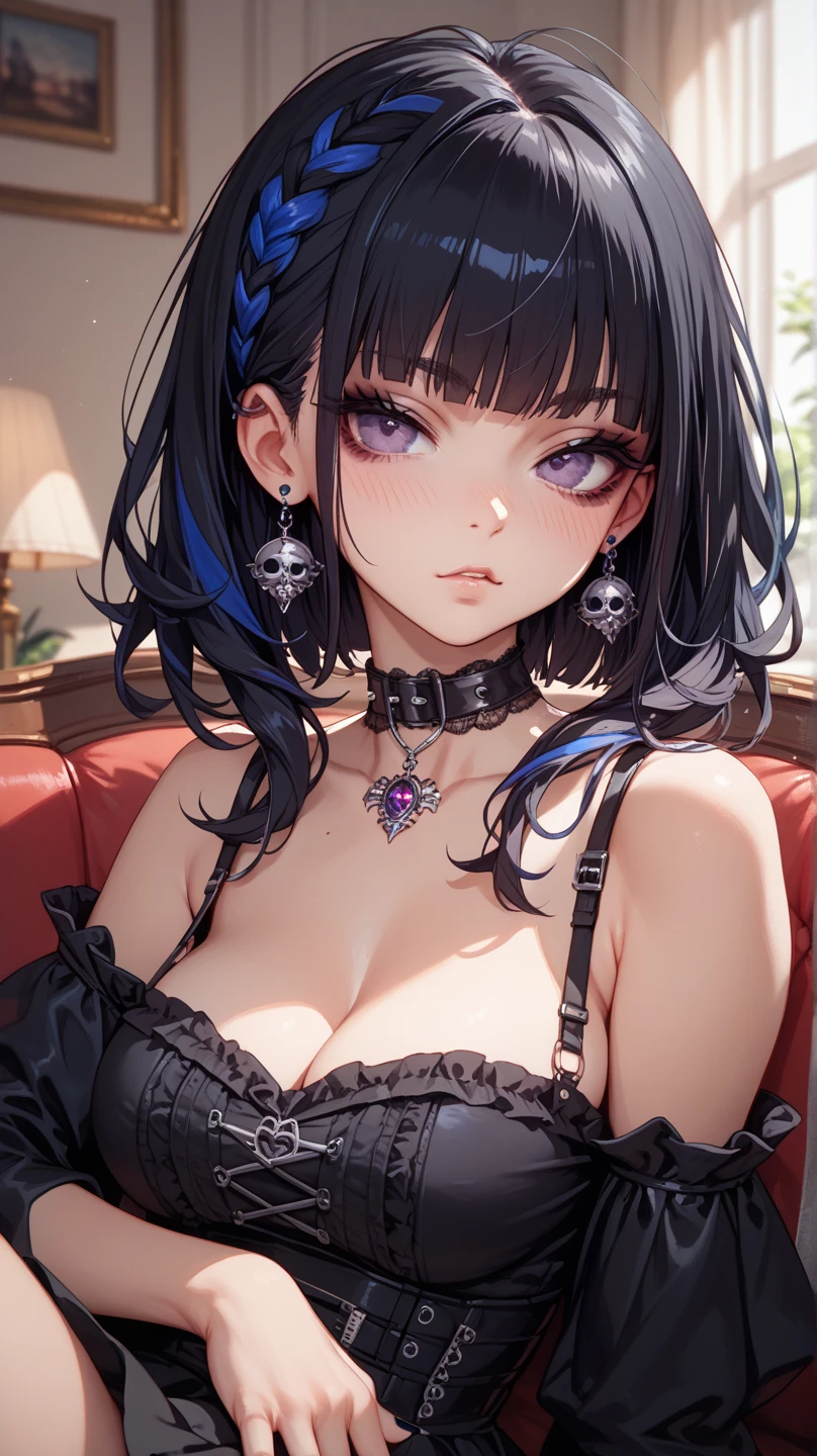 masterpiece, best quality, ultra-detailed, beautiful lighting, 1girl, goth, black hair, short hair, purple eyes, black eyeliner, black lips, piercing, spiked collar, looking at viewer