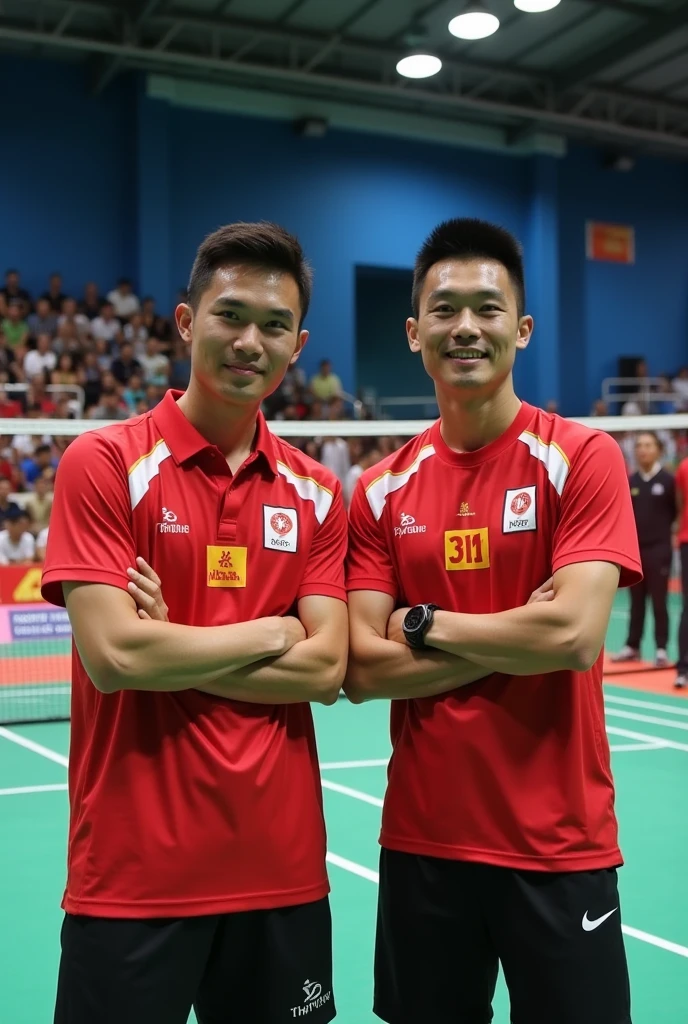 Two boys hugging each other after winning gold medal in badminton during olympic represent Malaysia