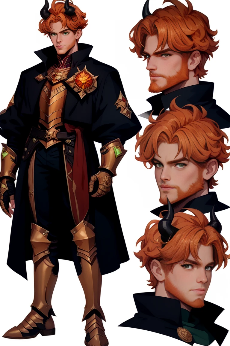 1male, short hair, ginger hair, full beard, green eyes,
Accurate, Anatomically Correct, Best Quality, Detail, Multiple Views, Simple background, hair and beard made of fire,  black cloak, paladin armor, plate armor,
Glowing runes on armor, classic black devil horns,
(Show full body),