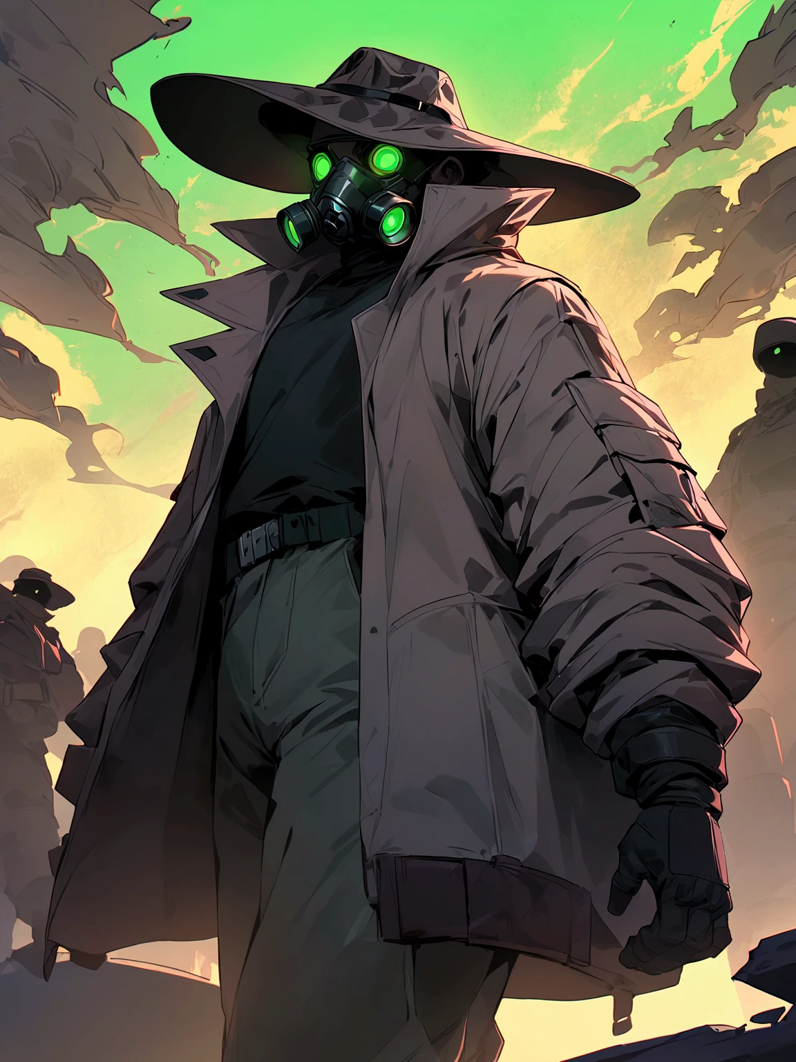 masterpiece, newest, absurdres, safe, masterpiece, newest, absurdres, safe, high detailed, male, full head gas-mask, green lenses, grey coat, black shirt, and baggy cargo pants. faceless, low-key lighting. sci-fi soldier. cyberpunk, retro, soldier, wastelander., full body, standing on the wasteland, solo, male, soldier,  shirt, no humans, simple background, pants, grey pants, grey background, looking at viewer, coat. Wide Brim hat, WideBrim hat, Wide hat. Vampire Hunter hat