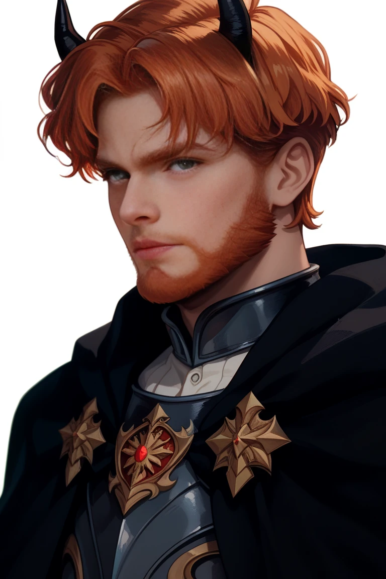 1male, short hair, ginger hair, full beard, green eyes,
Accurate, Anatomically Correct, Best Quality, Detail, Multiple Views, Simple background, red and black cloak, full plate armor, Glowing runes on armor, classic black devil horns, (Show full body),