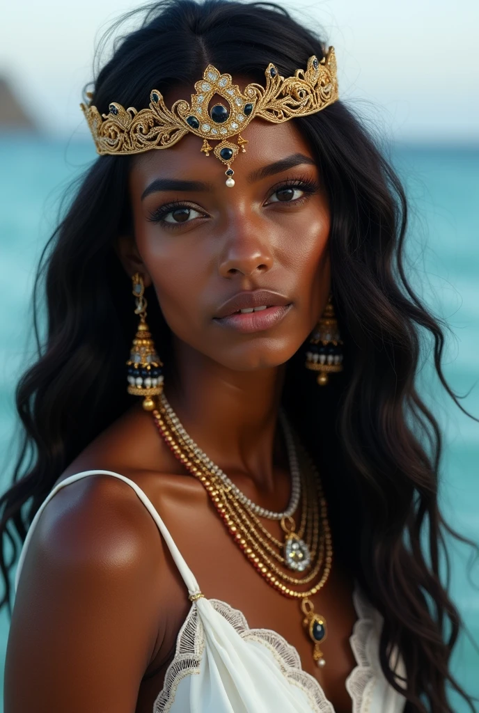 "A serene and majestic depiction of Iemanjá, the Yoruba orixá of the sea and mother of all orixás. She is portrayed as a beautiful and regal African woman, adorned in flowing blue and white robes, symbolizing the ocean waves. Iemanjá is surrounded by the sea, with gentle waves lapping at her feet, and a crown of pearls and seashells adorning her head. The background features a tranquil ocean scene with a setting sun casting a golden glow on the water, highlighting her nurturing and protective nature. The scene is peaceful and radiant, reflecting her role as the mother and protector of life."