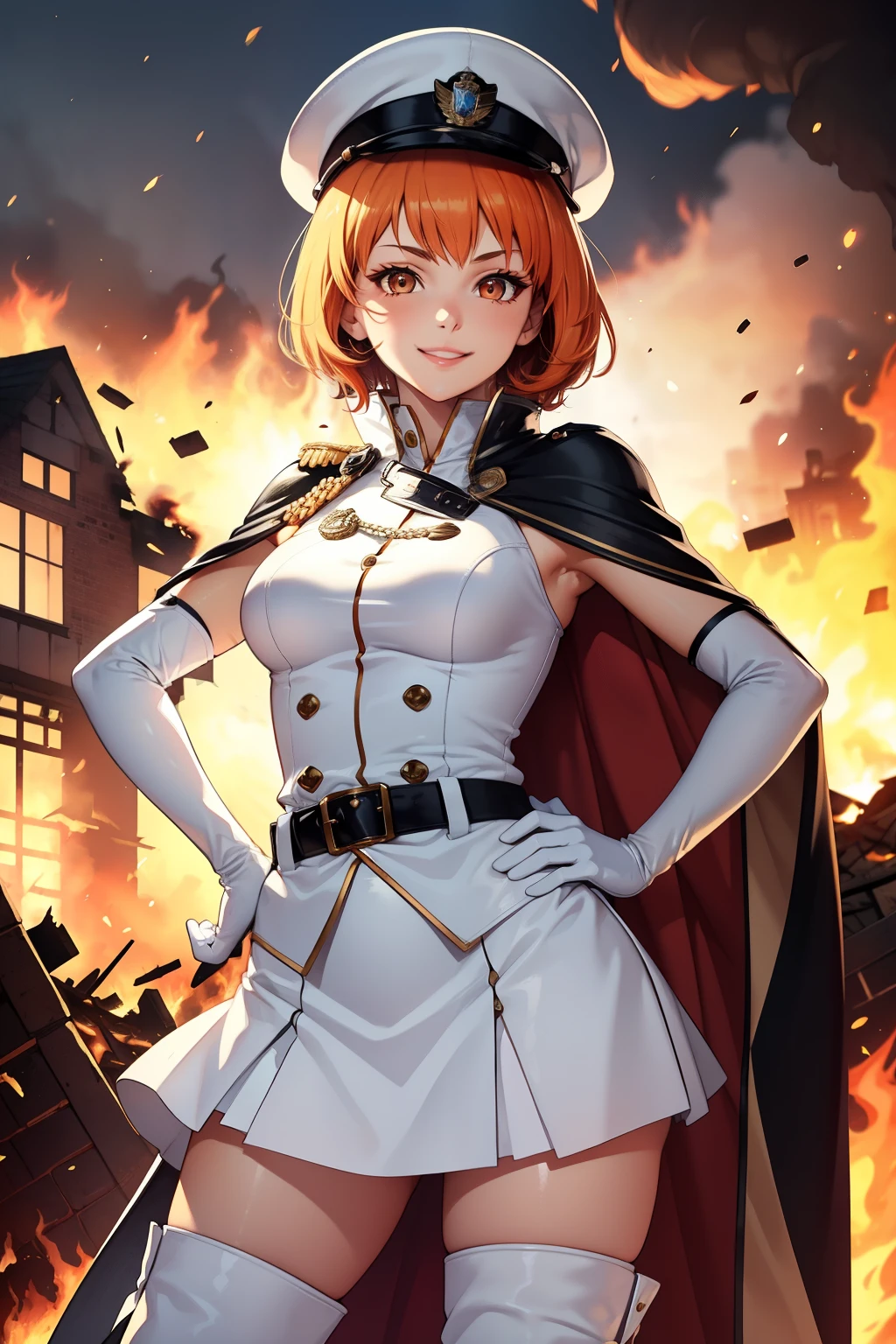 leonie pinelli, orange hair ,short hair ,glossy lips, light makeup,cape ,military uniform,white military hat,sleeveless, white skirt,white thigh-high boots, white elbow gloves, evil smile, looking at viewer, hands on hips,burning buildings in the background