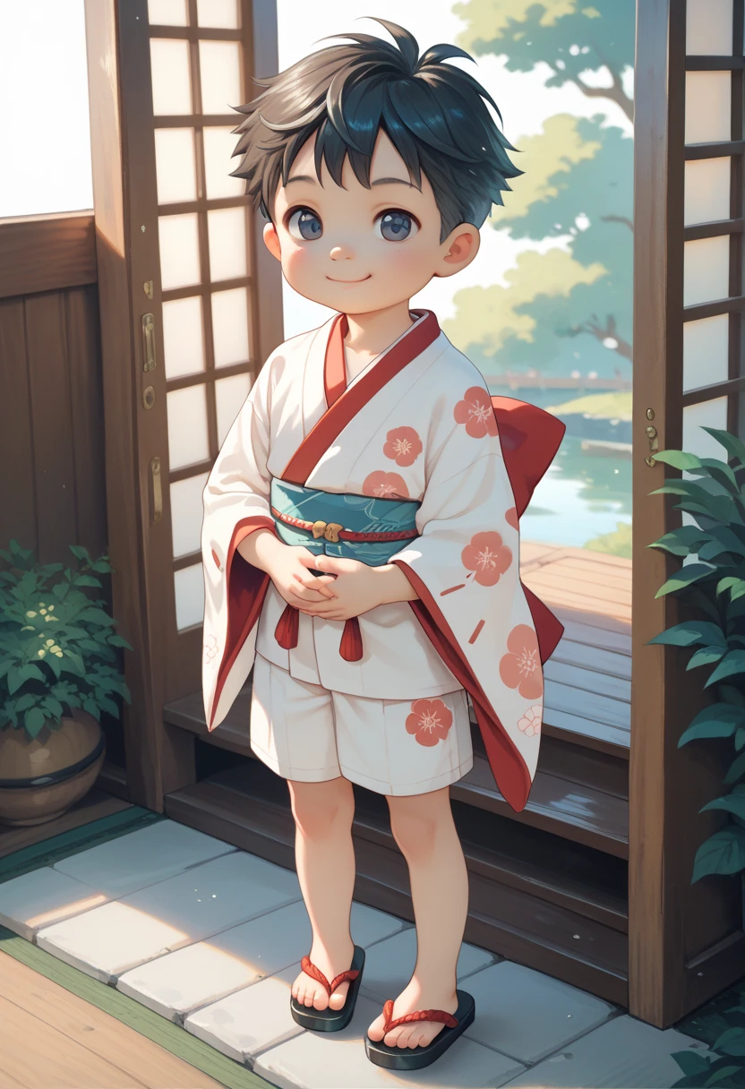 Full body. a japanese boy, Shotacon, A boy is 3-yr, little, youthful, toddler, young, short, thin, short hair, cute smiling face, traditional japanese outfit