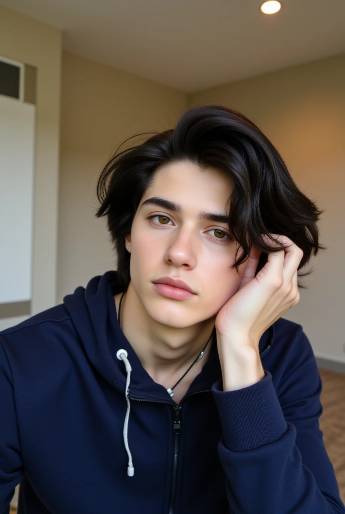 s3lfi3, 1boy, solo, short hair, looking at viewer, brown eyes, black hair, long sleeves, jewelry, upper body, necklace, messy hair, hand on own face, head rest, nose, realistic, hand on own cheek, photorealistic, this is a selfie photograph of a young man with a fair complexion and long, black hair. A small nose, and striking brown eyes. his expression is pensive as he gazes directly at the camera with her right hand resting on her cheek, fingers lightly touching his face. he wears a navy white zip-up hoodie that appears to be made of a smooth, synthetic fabric. the background is minimalistic, featuring neutral tones of beige and white, with a small section of a white door visible on the left side and a recessed ceiling light fixture on the upper right. the setting appears to be a modern, well-lit room, likely a bedroom or living space. the photograph is taken indoors, likely in a residential setting, with natural light softly illuminating his face. the overall composition is clean and minimalistic, focusing on the subject's face and upper body, with the background providing a subtle, neutral backdrop.