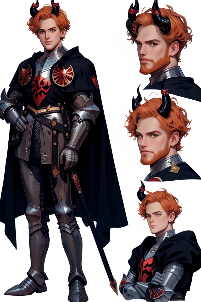 1male, short hair, ginger hair, full beard, green eyes,
Accurate, Anatomically Correct, Best Quality, Detail, Multiple Views, Simple background, red and black cloak, full plate armor, Glowing runes on armor, classic black devil horns, (Show full body),