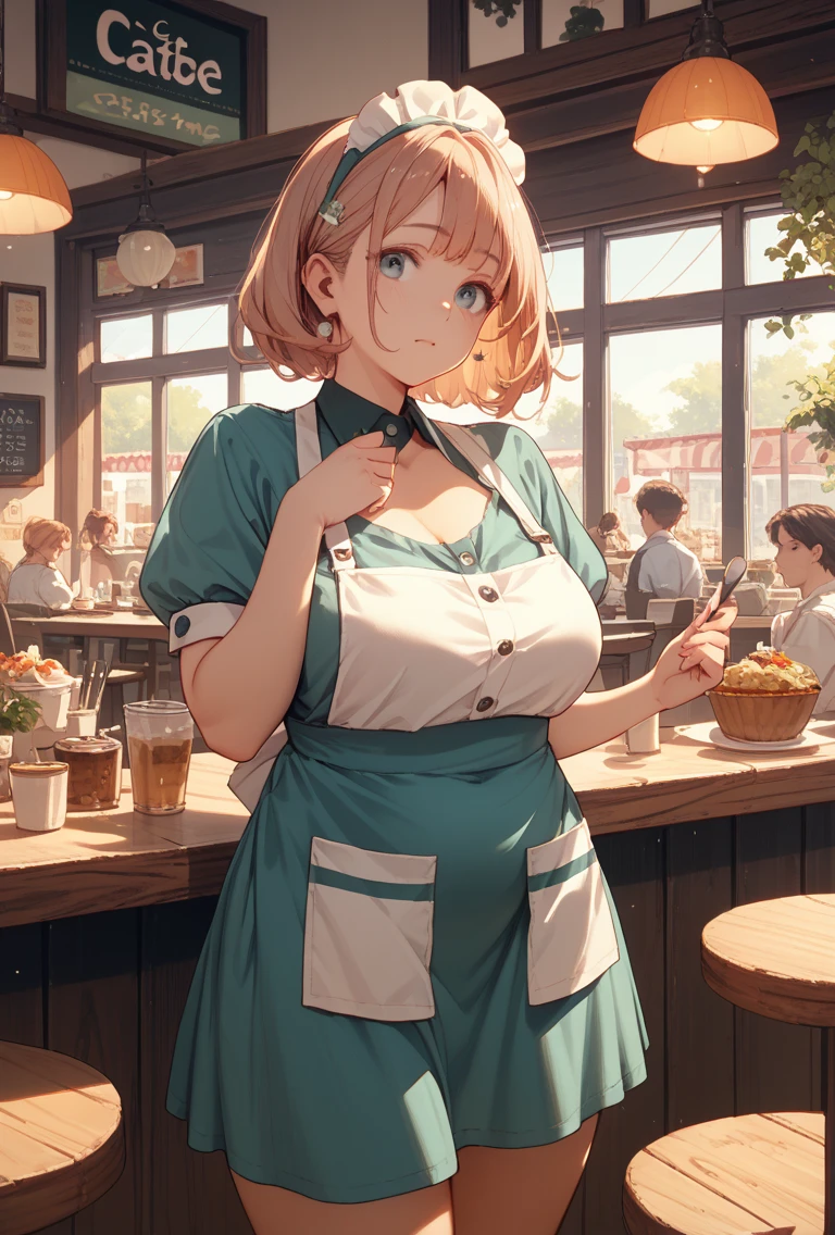 masterpiece、highest quality、Very detailed、Photograph the upper body、1 female、(Put your arms behind your back:1.2)、Are standing、Turn your body forward、View your viewers、(Burger Shopの店員,Sun visor、Orange Apron)、break,blush、shy、Pink Hair、Open your mouth、Burger Shop、Big Breasts、