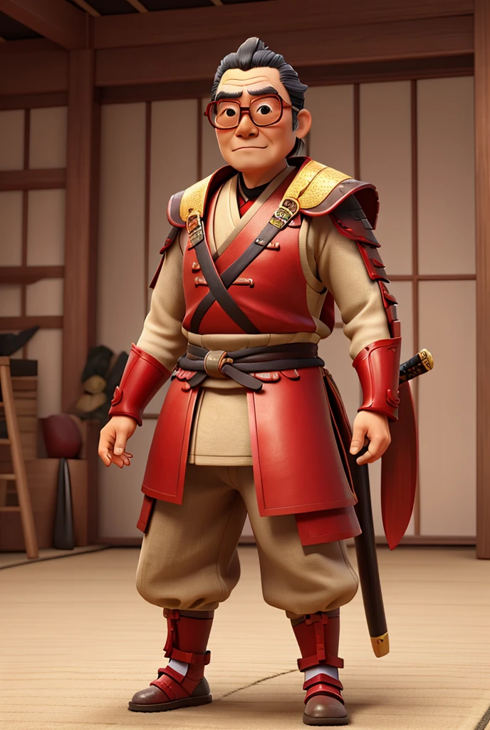 A old samurai warrior wearing eyeglassss and red armor