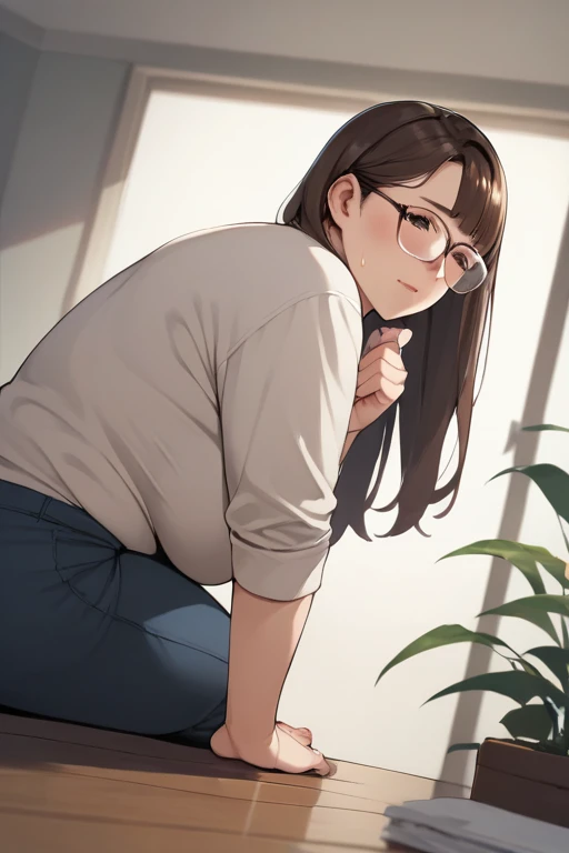 score_9, score_8_ up, score_7_ up, score_6_ up, score_5_ up, score_4_ up, source_Anime, tag1, tag2, nsfw, uncensored,quality_masterpiece, anatomically correct, score_9, score_8_ up, score_7_ up, score_6_ up, score_5_ up, score_4_ up, source_Anime, tag1, tag2, 最 高quality , 高quality , Details, high resolution, 8k, 超 high resolution , soft saturation, プロのquality, perfect contrast , perfect lighting, anatomically accurate , HYPERBUST , Sensual Woman , mature woman, mature woman, Maternal, fascinating , shorthair , brown hair, blunt bangs, Dark Eyes, wooden frame glasses , Love Handles , Curvy, plump, embarrassing, shy, The point of view of opening your mouth from a low angle, back, lies down, shirt. good, sweat
