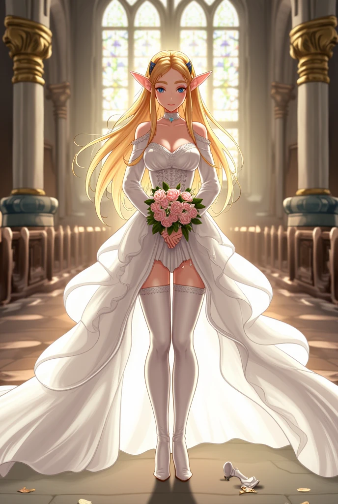 1girl, solo, Princess Zelda, blonde hair, long hair, elf ears, small breasts, cleavage, beautiful face, strapless sexy white wedding dress, bare shoulders, frilly hem, (sheer skirt), ((white wedding veil)), white wedding gloves, white thighhigh wedding boots, extremely high heel thighhigh boots, full body shot, extremely detailed clothing, very detailed, in a church, shy smile, detailed background, (anime style), looking at camera, ((detailed face)), standing, frilly hem, ((cute girl)), hold a rose bouquet with both hands