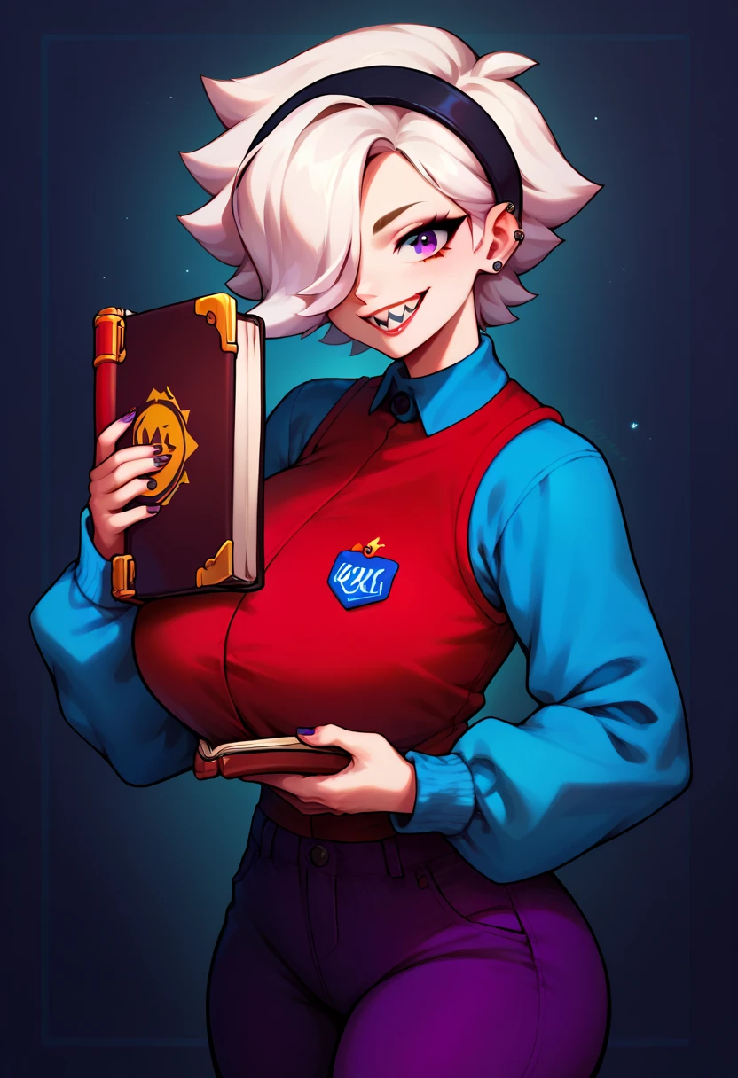 , solo, 1woman, colettedef, sharp teeth, smile, looking at viewer, holding book, hair over one eye, black hairband, blue shirt, long sleeves, sleeves past fingers, red vest, purple pants, (huge breasts:1.0), sexy body
