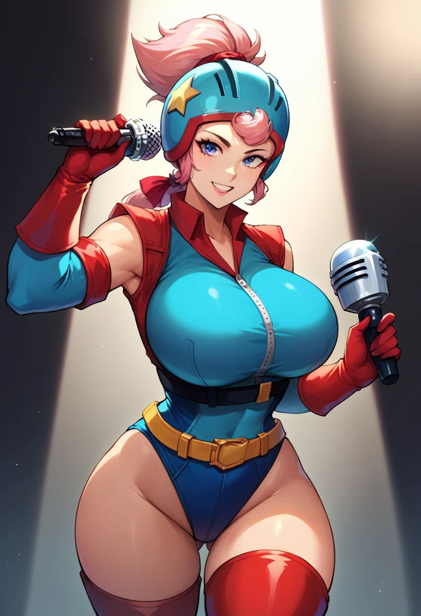 score_9, score_8_up, score_7_up, source_anime, solo, 1girl, bsjanet, smile, looking at viewer, holding microphone, ponytail, helmet, multicolored clothes, blue leotard, long sleeves, red gloves, thigh boots, belt, spotlight, (huge breasts:1.0), sexy body
