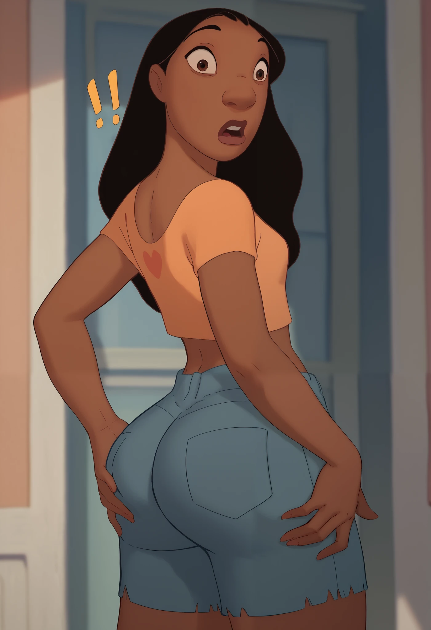 NaniPelekaiLSXL, solo1, mature female, dark skin, brown eyes, black hair, long hair, bangs, small breasts, collarbone, standing, looking at viewer, orange tshirt, crop top, short sleves, aroused, ((grabbing her own ass)), back, denim shorts, (eyes wide open), jaw drop, looking down, (((surprised))), big ass