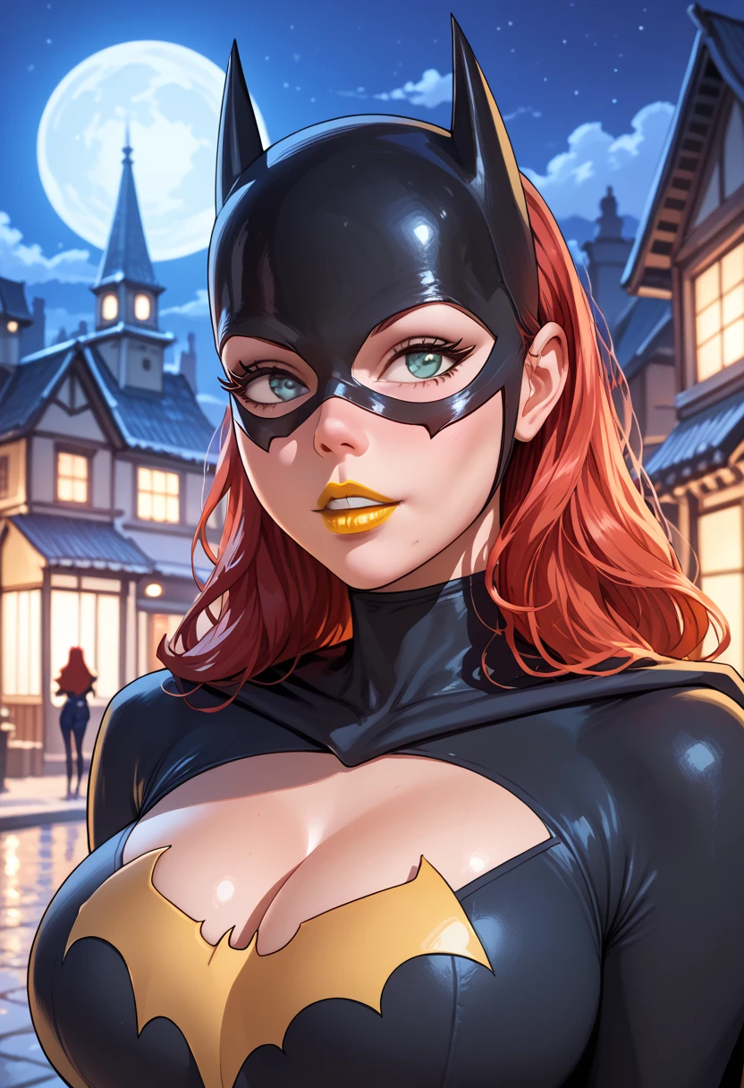 woman, big breasts, red hair, white skin, yellow lipstick, anime style, night, cartoon, mask, Batgirl