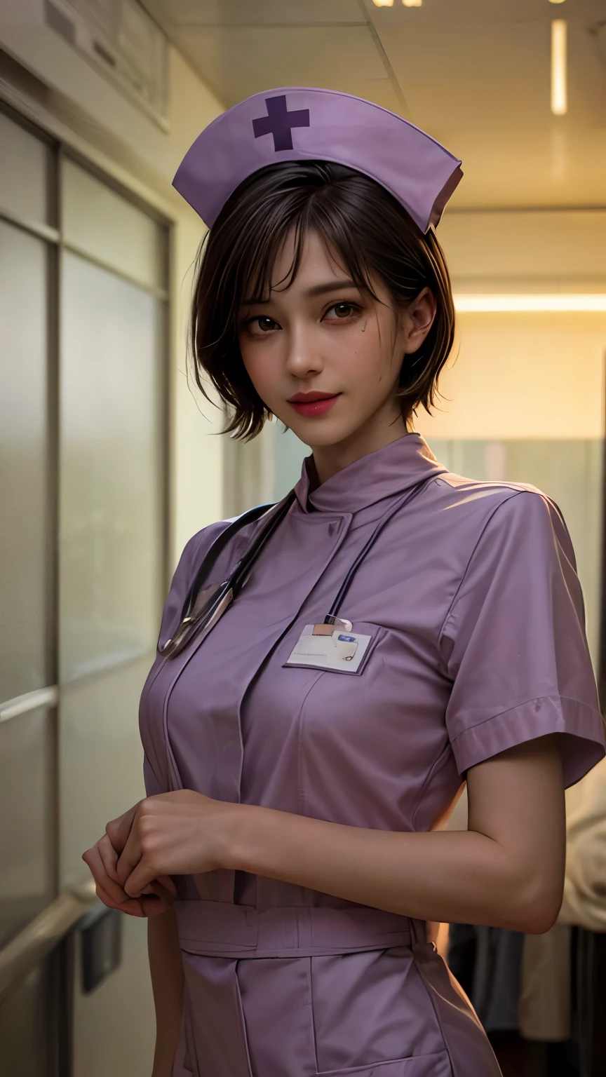 (masterpiece:1.5), (best quality:1.4), cinematic lighting, (1 girl), beautiful face, (realistic face), beautiful hairstyle, (short hair:1.5), realistic eyes, beautiful detailed eyes, (realistic skin), beautiful skin, (nurse costume:1.5), absurdres, attractive, ultra high res, ultra realistic, highly detailed, golden ratio, hospital room, smile