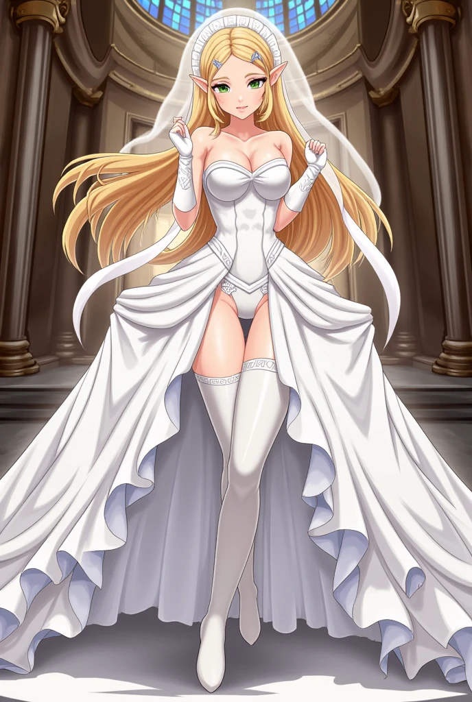 1girl, solo, Princess Zelda, blonde hair, long hair, elf ears, small breasts, cleavage, beautiful face, strapless sexy white wedding dress, bare shoulders, frilly hem, (sheer skirt), ((white wedding veil)), white wedding gloves, white thighhigh wedding boots, extremely high heel thighhigh boots, full body shot, extremely detailed clothing, very detailed, in a church, shy smile, detailed background, (anime style), looking at camera, ((detailed face)), standing, frilly hem, ((cute girl)), crotch showing