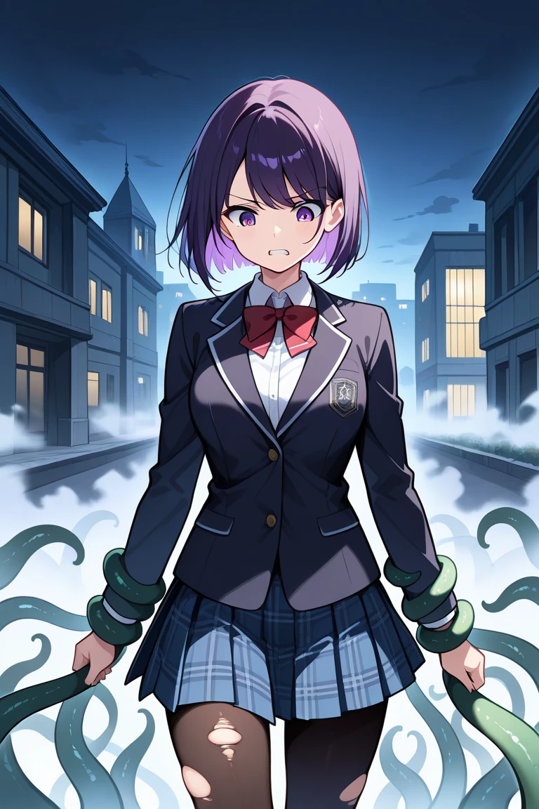 1girl, purple hair, lilac inner hair, short bob hair, straight hair, swept bangs, purple eyes, serious, clenched teeth, looking down, medium breasts, white collared shirt, blue pleated skirt, plaid skirt, red bowtie, striped bowtie, black blazer, long sleeves, pantyhose, torn clothes, messy clothes, running toward viewer, cowboy shot, green tentacles, transparent tentacles, restrained by tentacles, surrounded by tentacles, outdoors, school courtyard, school building, night, (fog bank, thick fog, steam, The Mist:1.1), high res image, masterpiece, best quality, cute face, clear skin, shiny hair, ultra detailed eyes, newest, absurdres, (girl:1.0)