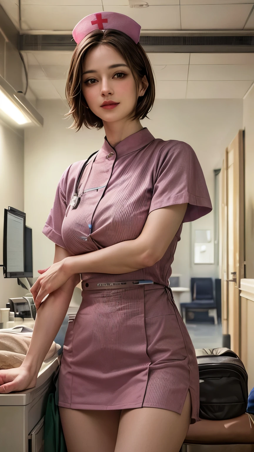 (masterpiece:1.5), (best quality:1.4), cinematic lighting, (1 girl), beautiful face, (realistic face), beautiful hairstyle, (short hair:1.5), realistic eyes, beautiful detailed eyes, (realistic skin), beautiful skin, (nurse costume:1.5), absurdres, attractive, ultra high res, ultra realistic, highly detailed, golden ratio, hospital room, smile