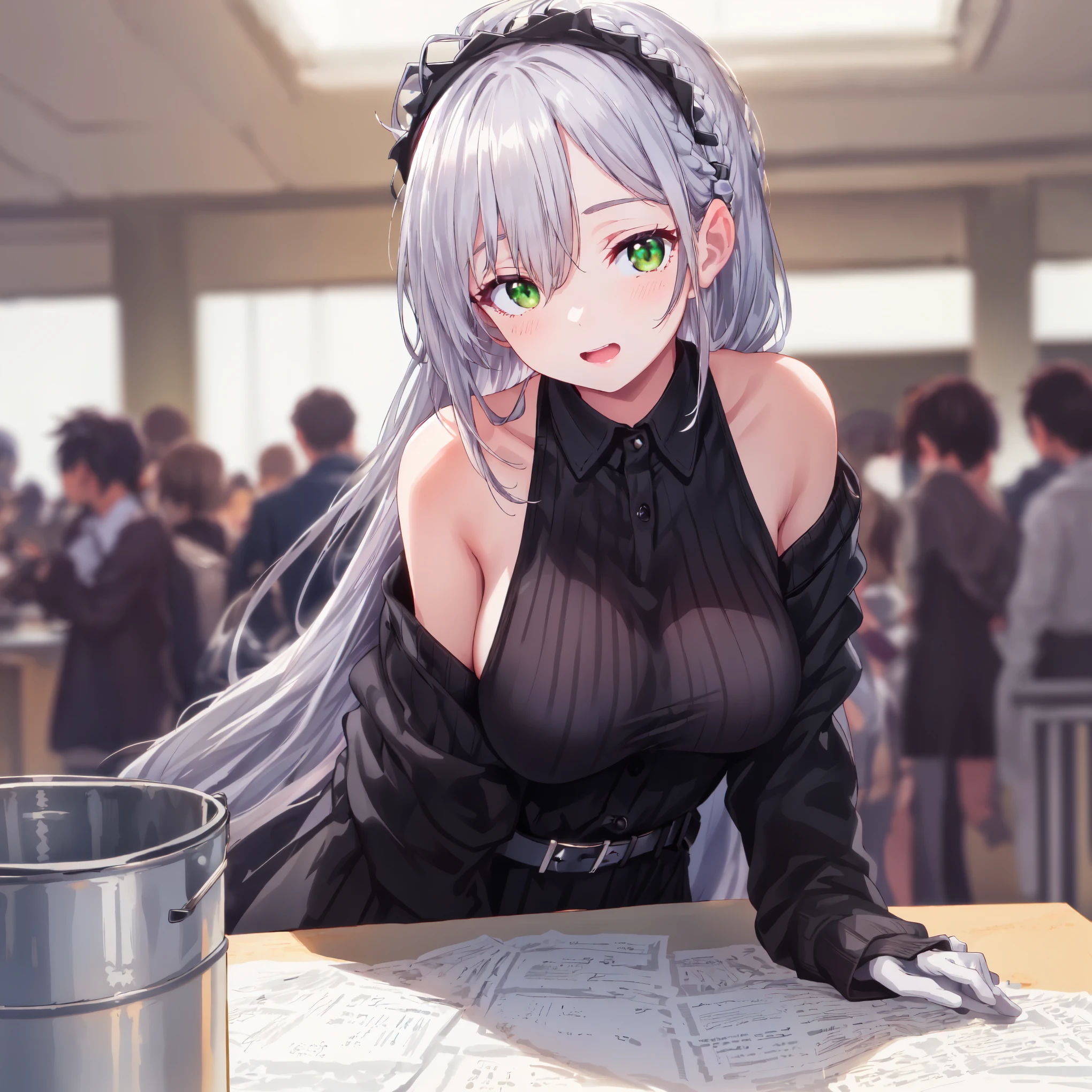 (( Ultra Details )), (top-quality), (( masterpiece)), (( Very Exciting )), ((8k)), ((1080P)), (( crystal clear)), (( very refined )),(( natural light)), (( depth of field)), (( growing skin)), ((Shine)), (( shiny)), (3d)), (( Perfect Anatomy )), (anime Skin Textures ), (( detailed facial depiction )), ((( perfect balance ))),illustration,High quality backgrounds,pov,squinting,chuckle,Comiket venue,A pile of naughty doujinshi,hair covers ears,breasts on table,large breasts, collared shirt,black sweater, lab coat, off shoulder, long sleeves, belt, white gloves, pleated skirt, black pantyhose,green eyes,hair over one eye silver,french braid hair,bucket Hats,berets,