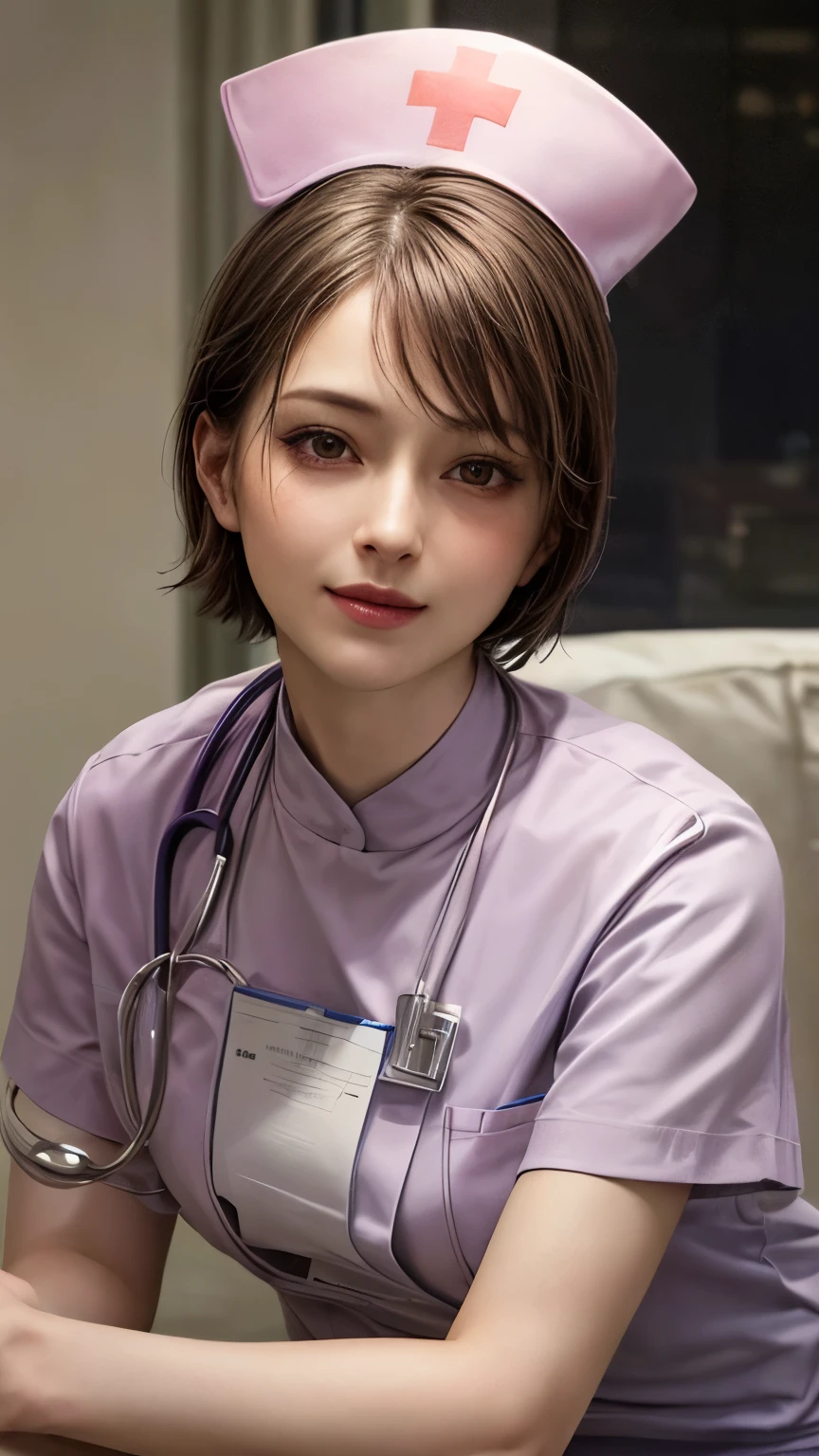 (masterpiece:1.5), (best quality:1.4), cinematic lighting, (1 girl), beautiful face, (realistic face), beautiful hairstyle, (short hair:1.5), realistic eyes, beautiful detailed eyes, (realistic skin), beautiful skin, (nurse costume:1.5), absurdres, attractive, ultra high res, ultra realistic, highly detailed, golden ratio, hospital room, smile
