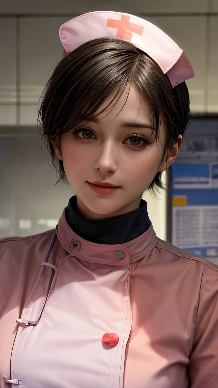 (masterpiece:1.5), (best quality:1.4), cinematic lighting, (1 girl), beautiful face, (realistic face), beautiful hairstyle, (short hair:1.5), realistic eyes, beautiful detailed eyes, (realistic skin), beautiful skin, (nurse costume:1.5), absurdres, attractive, ultra high res, ultra realistic, highly detailed, golden ratio, hospital room, smile
