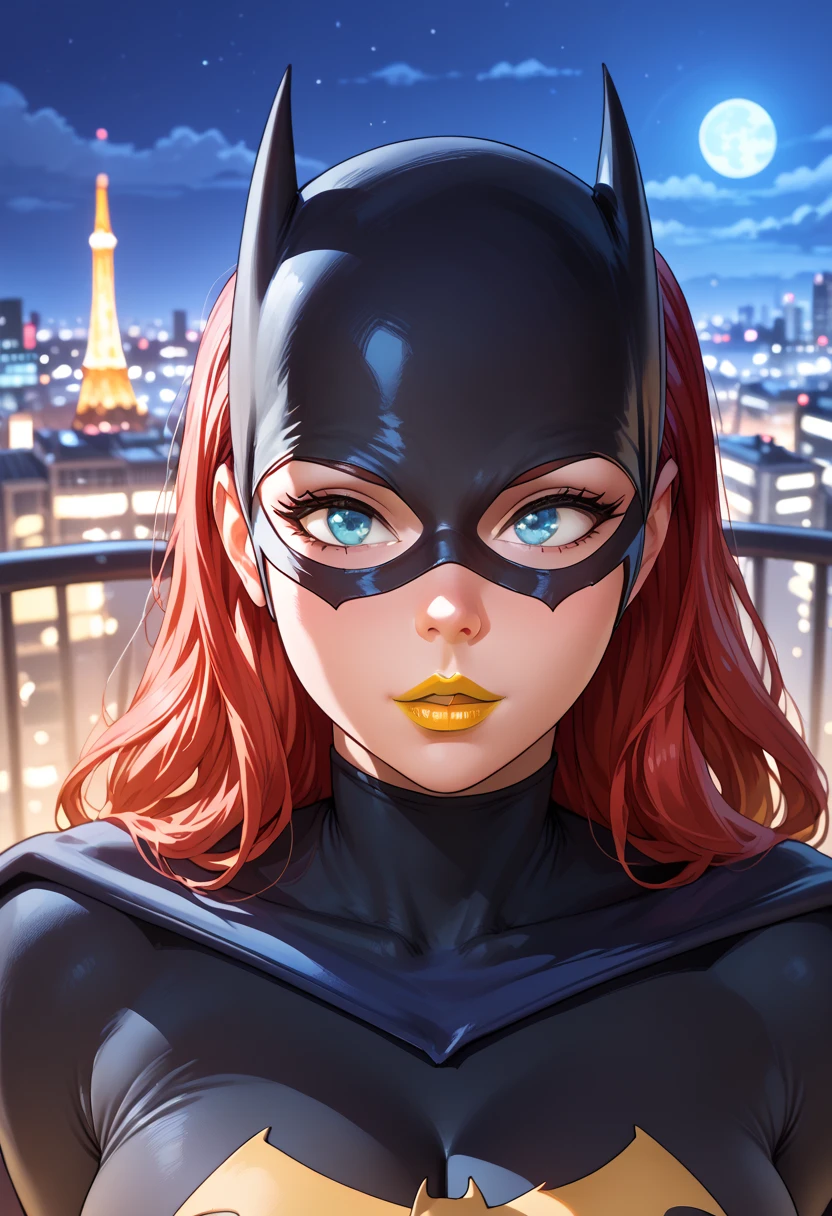 woman, big breasts, red hair, white skin, yellow lipstick, anime style, night, cartoon, mask, blue eyes, city, Batgirl