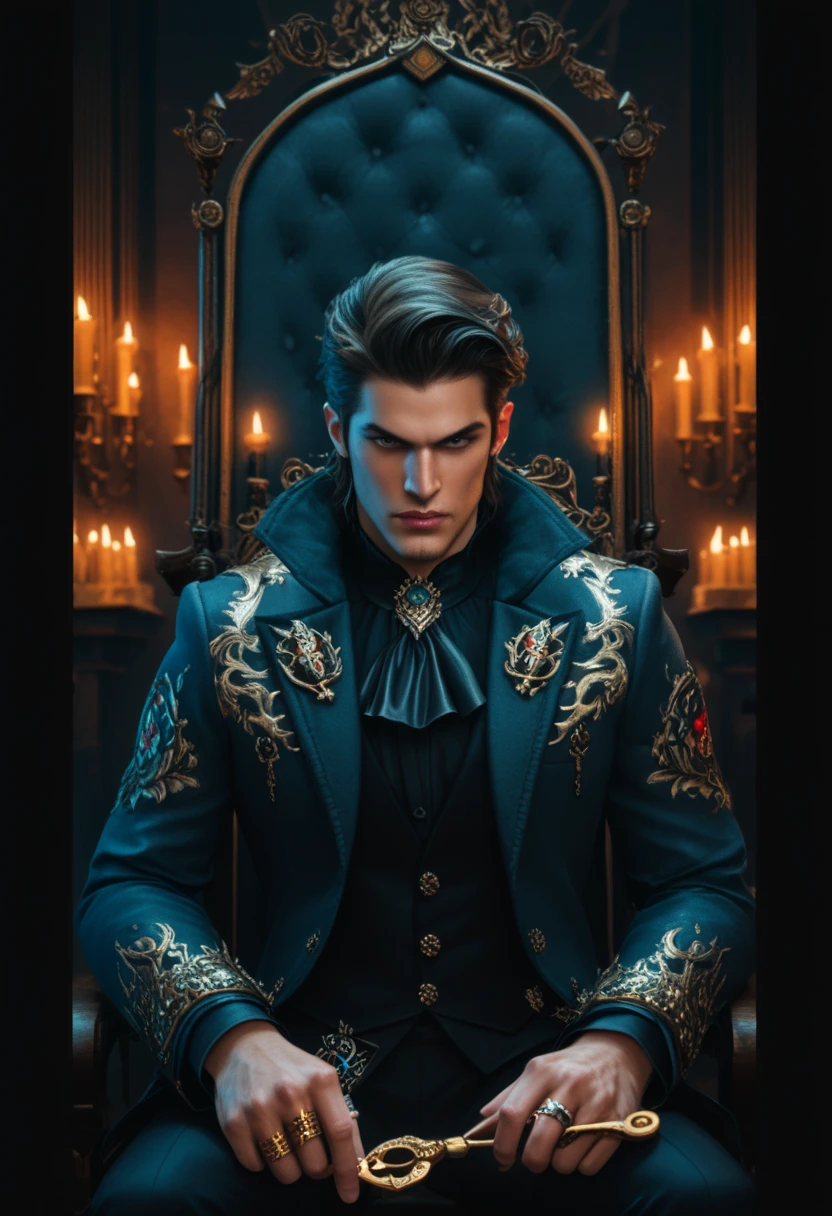 A vampire in an ornate costume dark teal in color, sits majestically on a golden throne . He is surrounded by baroque , decorative elements gold and dark blue green . Hyperrealistic details are the key , that shows the complexity of the fabrics , textures and craftsmanship : two chandeliers on the sides and a large Gothic mirror lost in the background . high ceilings. The lighting is dramatic , highlighting the macabre , } sharp features of the vampire man who shows his long , Threatening fangs and the intricate carvings of the throne . The suit has a subtle cashmere print , and a golden vest complements the dark teal . His tie has a rich dark teal print on a cream color /Golden background. He has short, dark hair ., , a strong jaw and a serious expression . The candles with flickering flames project a warm yellow light . The bottom of the throne is a background printed in teal , that recalls a historical painting . A ring on his ring finger highlights . The general impression is of power ., richness and opulence , that evokes the feeling of a historical or fantastic figure . Focus on the intricate details of the and the richness of colors and materials .