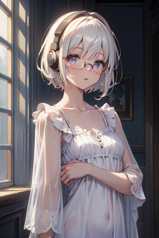 ((best quality, masterpiece, super-resolution)), ((beautiful body, small breast)),Maximum facial details, Maximum detailed textures, Maximum detailed shadows, Maximum detailed backgrounds Maximum Facial Detail, Maxi,beautiful composition, cinematic lighting, extremely detailed, 8k, cinematic postprocessing, (((1girl))),(((glasse ))) white_hair, short_hair, headphones, looking up, ruins, oversized clothes,(Mods Coat), panorama_view, whole_body_from_a_distance, distant_view, wide_angle_lens, detailed_background, ((nightgown, sheer robe)),solo, upper body, 