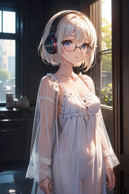 ((best quality, masterpiece, super-resolution)), ((beautiful body, small breast)),Maximum facial details, Maximum detailed textures, Maximum detailed shadows, Maximum detailed backgrounds Maximum Facial Detail, Maxi,beautiful composition, cinematic lighting, extremely detailed, 8k, cinematic postprocessing, (((1girl))),(((glasse ))) white_hair, short_hair, headphones, looking up, ruins, oversized clothes,(Mods Coat), panorama_view, whole_body_from_a_distance, distant_view, wide_angle_lens, detailed_background, ((nightgown, sheer robe)),solo, upper body, 