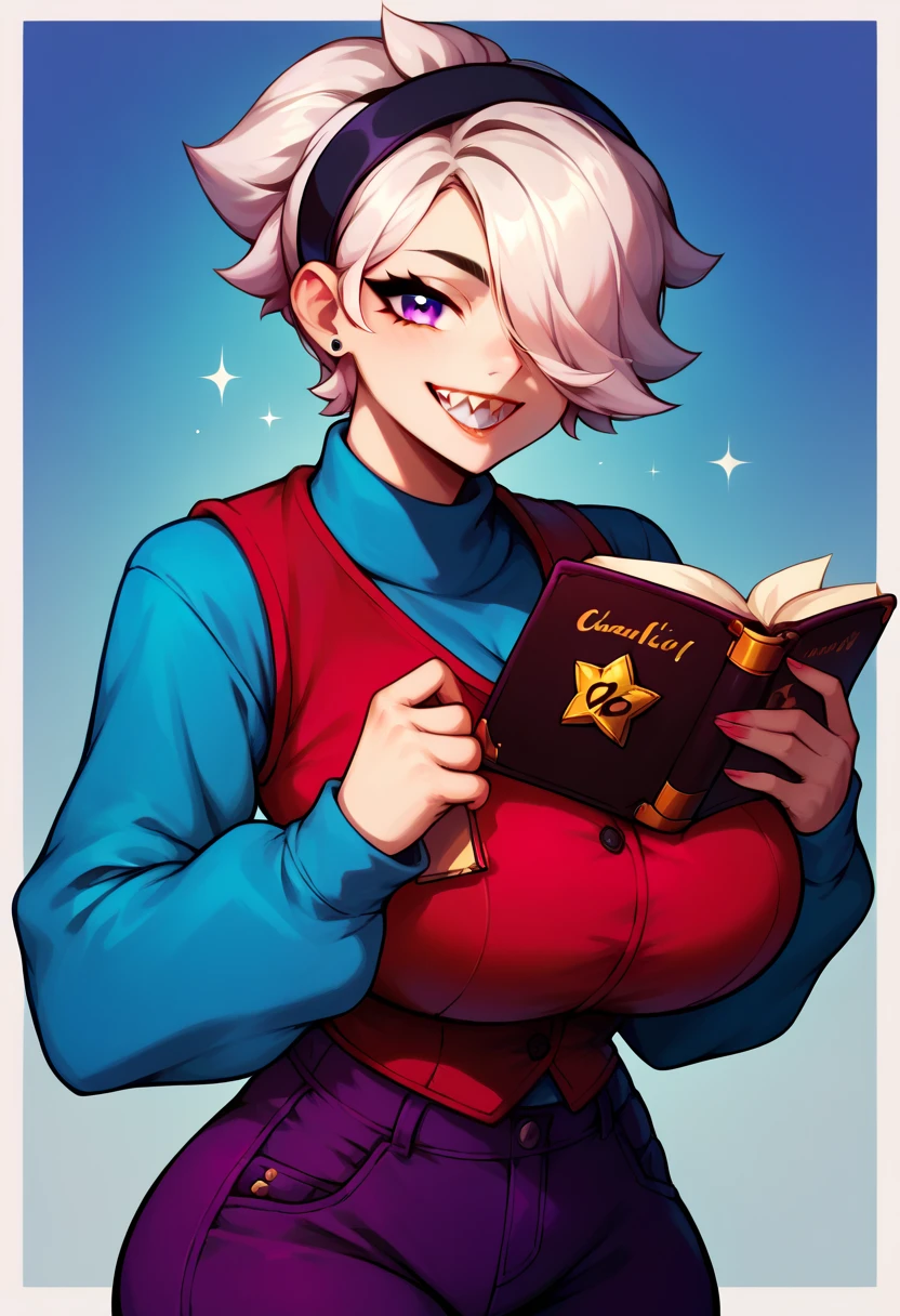 , solo, 1woman, colettedef, sharp teeth, smile, looking at viewer, holding book, hair over one eye, black hairband, blue shirt, long sleeves, sleeves past fingers, red vest, purple pants, (huge breasts:1.0), sexy body
