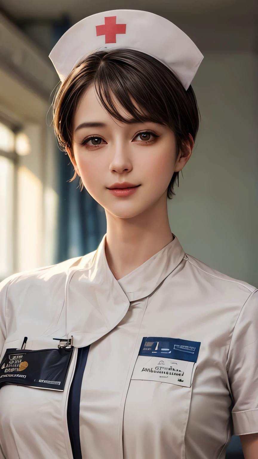 (masterpiece:1.5), (best quality:1.4), cinematic lighting, (1 girl), beautiful face, (realistic face), beautiful hairstyle, (short hair:1.5), realistic eyes, beautiful detailed eyes, (realistic skin), beautiful skin, (nurse costume:1.5), absurdres, attractive, ultra high res, ultra realistic, highly detailed, golden ratio, hospital room, smile