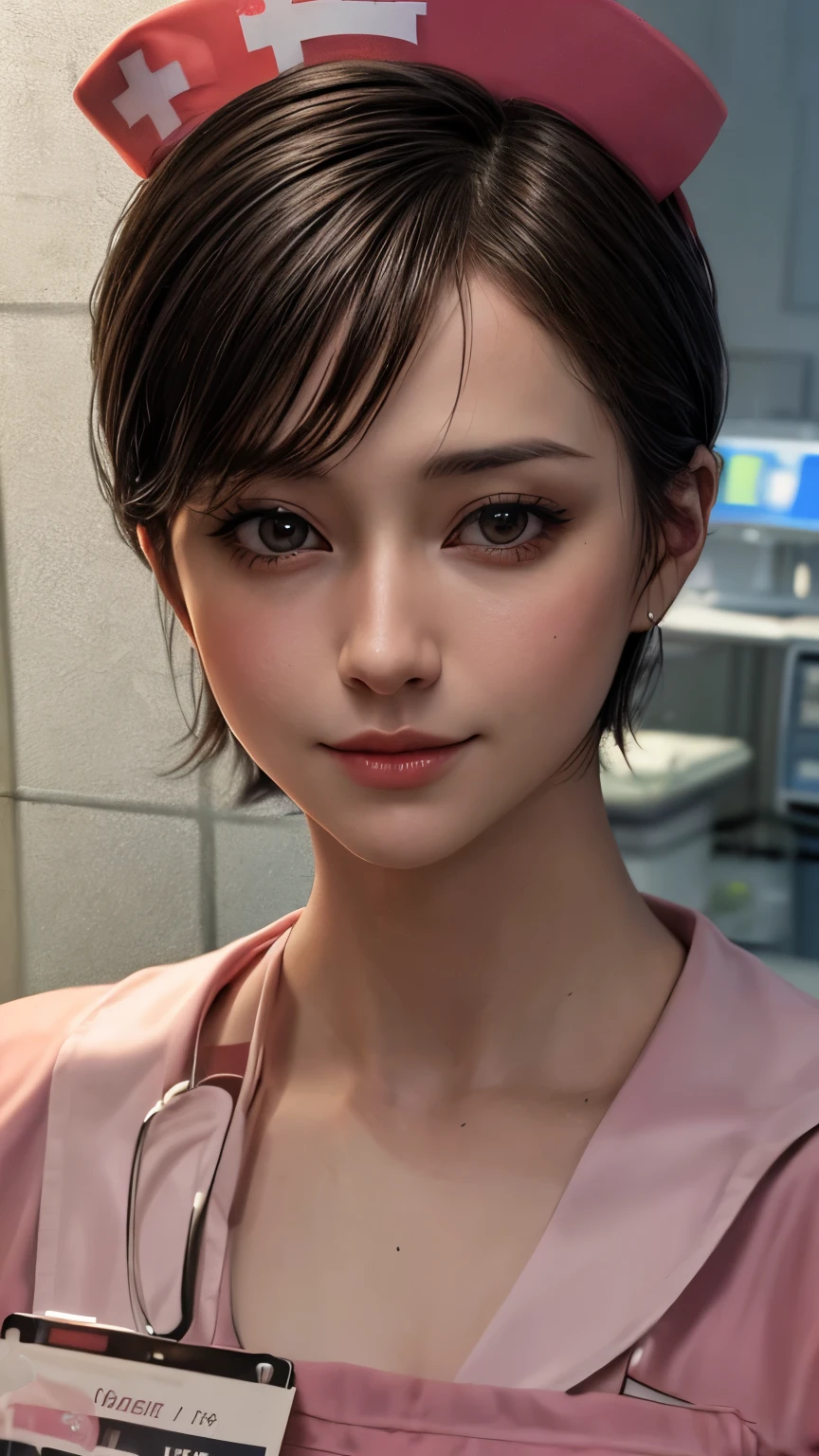 (masterpiece:1.5), (best quality:1.4), cinematic lighting, (1 girl), beautiful face, (realistic face), beautiful hairstyle, (short hair:1.5), realistic eyes, beautiful detailed eyes, (realistic skin), beautiful skin, (nurse costume:1.5), absurdres, attractive, ultra high res, ultra realistic, highly detailed, golden ratio, hospital room, smile
