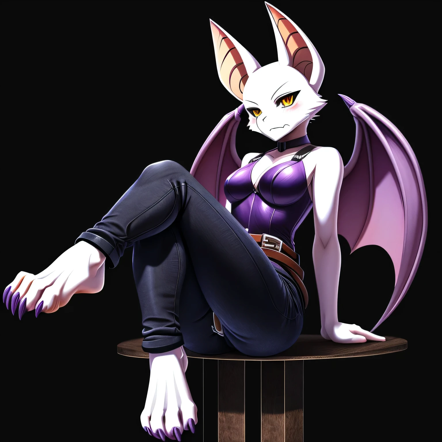 SFW version, anime, anime style, solo picture, ((three-quarter view)), ((looking to the side)), standing, full body picture, ((facing viewer)), Anthro bat character, tall figure, ((Fit figure)), ((purple skin)), purple hands, clawed hands, scaled hands, dragon hands, ((clawed feet)), ((Dragon Feet)), ((Scaled feet)), ((one pair of huge purple bat wings)), ((Purple bat ears)), ((wearing long black jeans)), wearing a leotard, ((exposed white thighs)), ((wearing belts on arms)), ((belts around ankles)), ((wearing belts on legs)), stylish outfit, black and purple clothes, ((white face)), neutral expression, vivid yellow eyes, digitigrade legs, digitigrade feet, solid black background, dark background, highly detailed anime style, clean lines, beautiful demoness, female demon, gorgeous demon girl, ((hourglass figure)), short muzzle, furry cheeks, furry muzzle