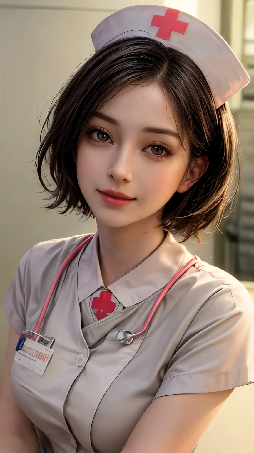 (masterpiece:1.5), (best quality:1.4), cinematic lighting, (1 girl), beautiful face, (realistic face), beautiful hairstyle, (short hair:1.5), realistic eyes, beautiful detailed eyes, (realistic skin), beautiful skin, (nurse costume:1.5), absurdres, attractive, ultra high res, ultra realistic, highly detailed, golden ratio, hospital room, smile
