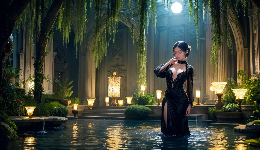 (Very detailed CG Unity 8k wallpaper), Beautiful young woman in the rain, dress, Sitting, Cemetery with lanterns, Style-Empire, (Style-Glass), (((Surrealism))), full_body_shot, dramatic, Backlight, light, Volumetric lighting, Detailed face, Very detailed, Painting